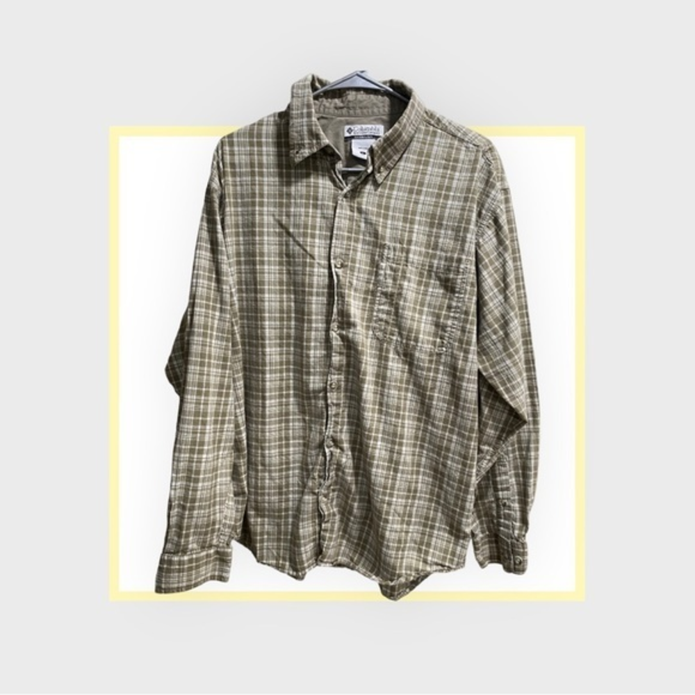 Columbia Shirt Mens Large Ivory Green Gray Multi Plaid Long Sleeve Button Down‎